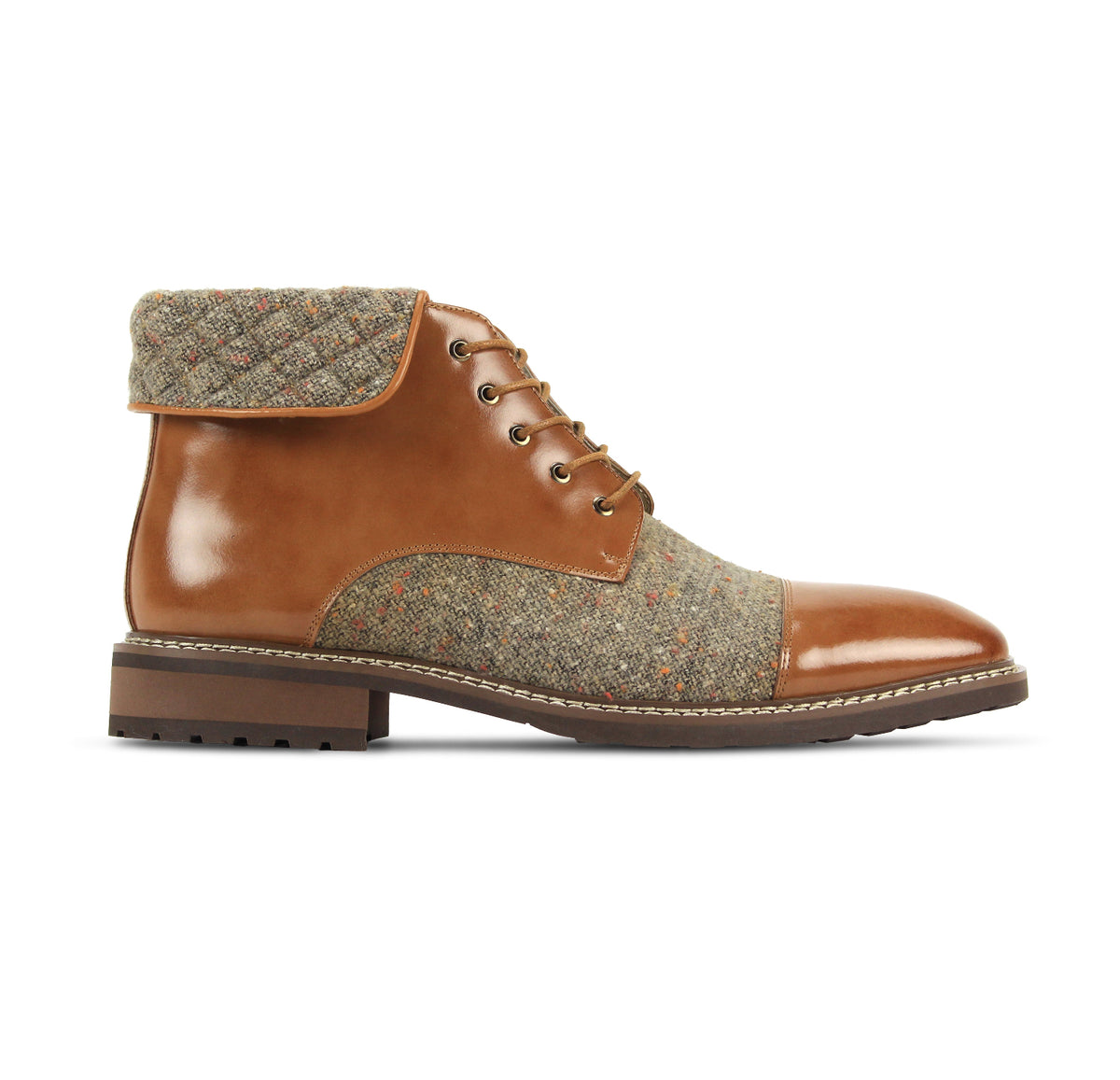 Side view of the Stuart men's tan leather and tweed cap-toe lace boot