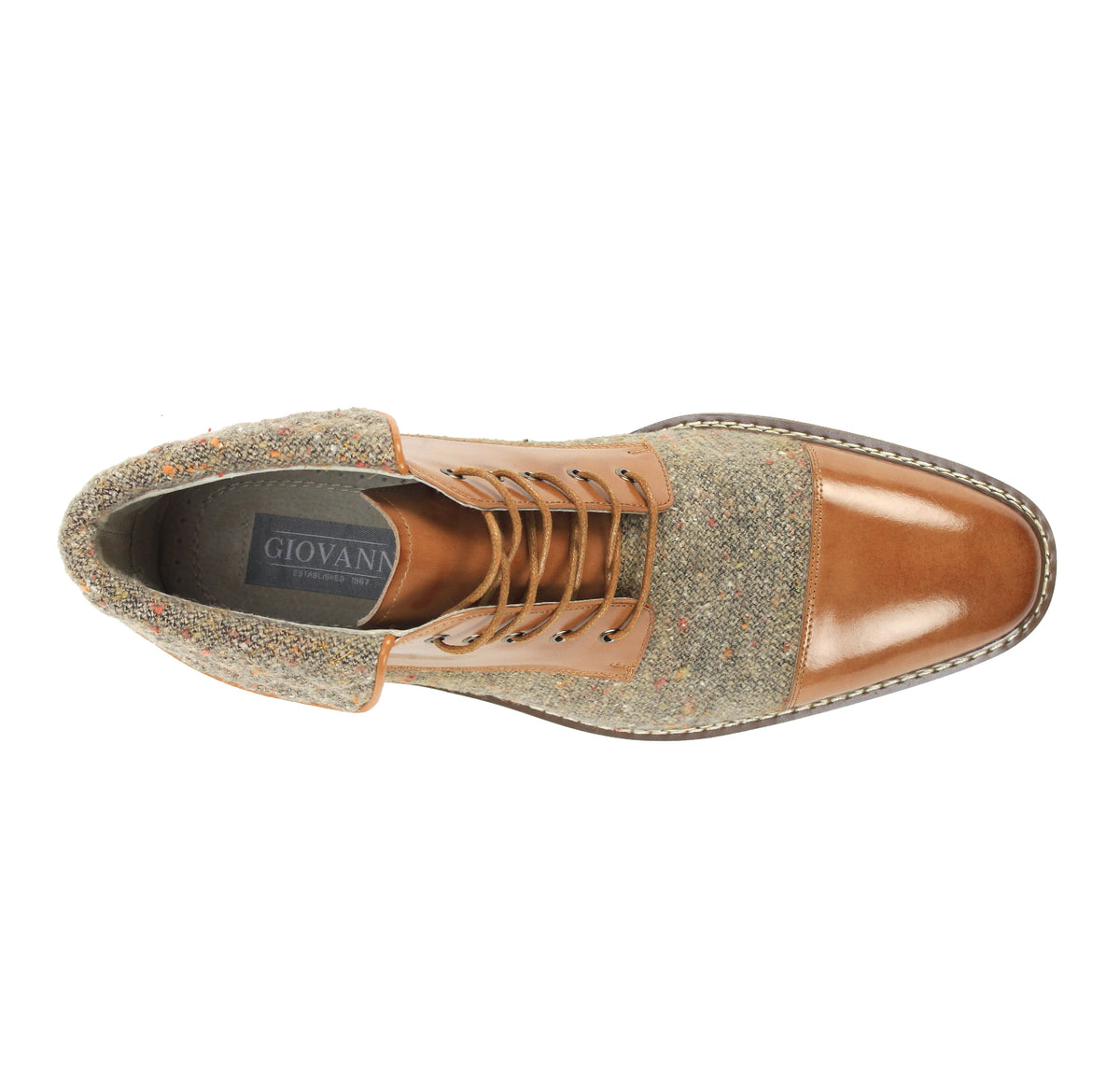 Top view of the Stuart tan lace-up boot showing the cap toe, laces, and quilted collar