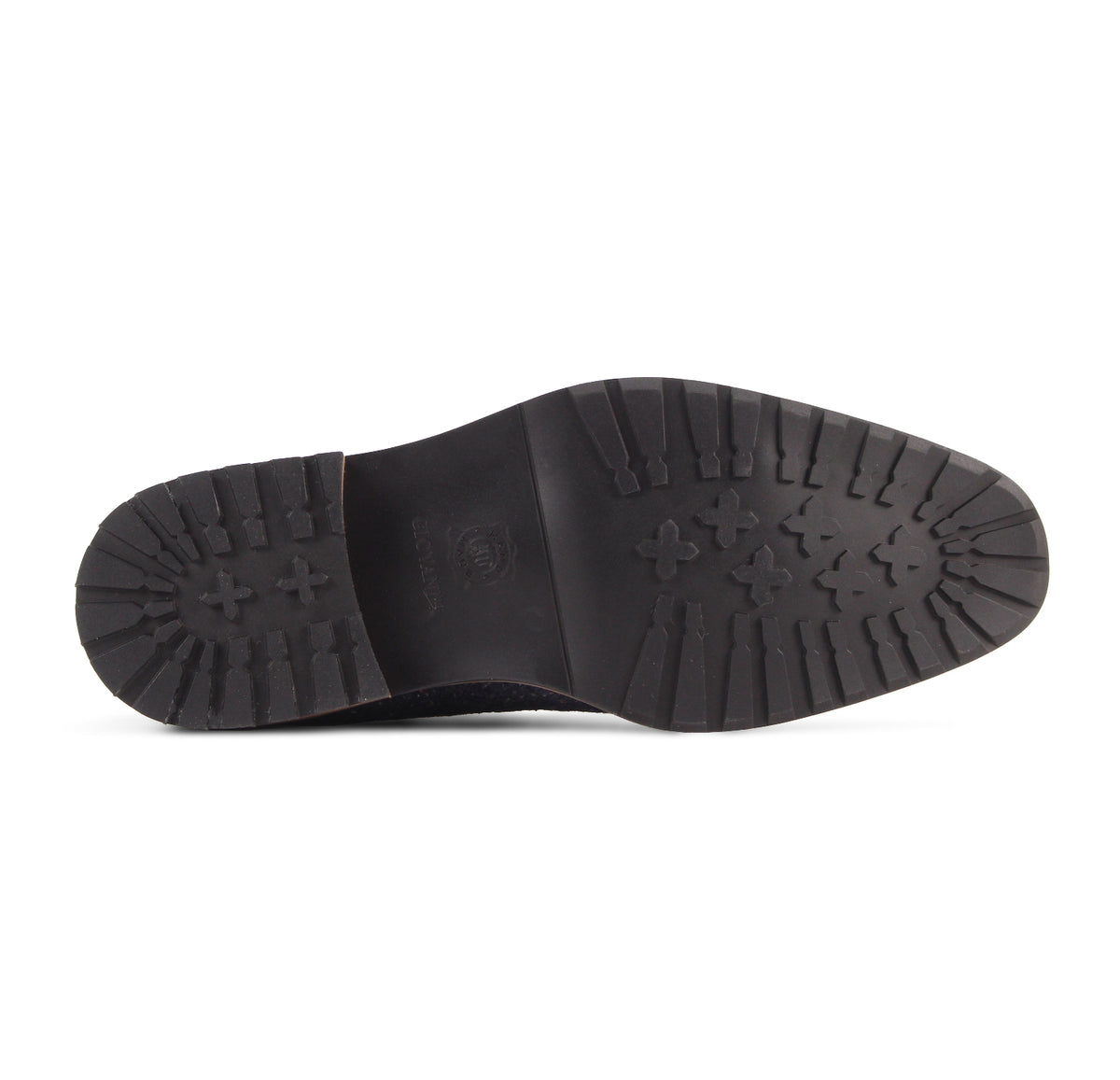 Outsole view of the Stuart men's navy leather and tweed lace boot