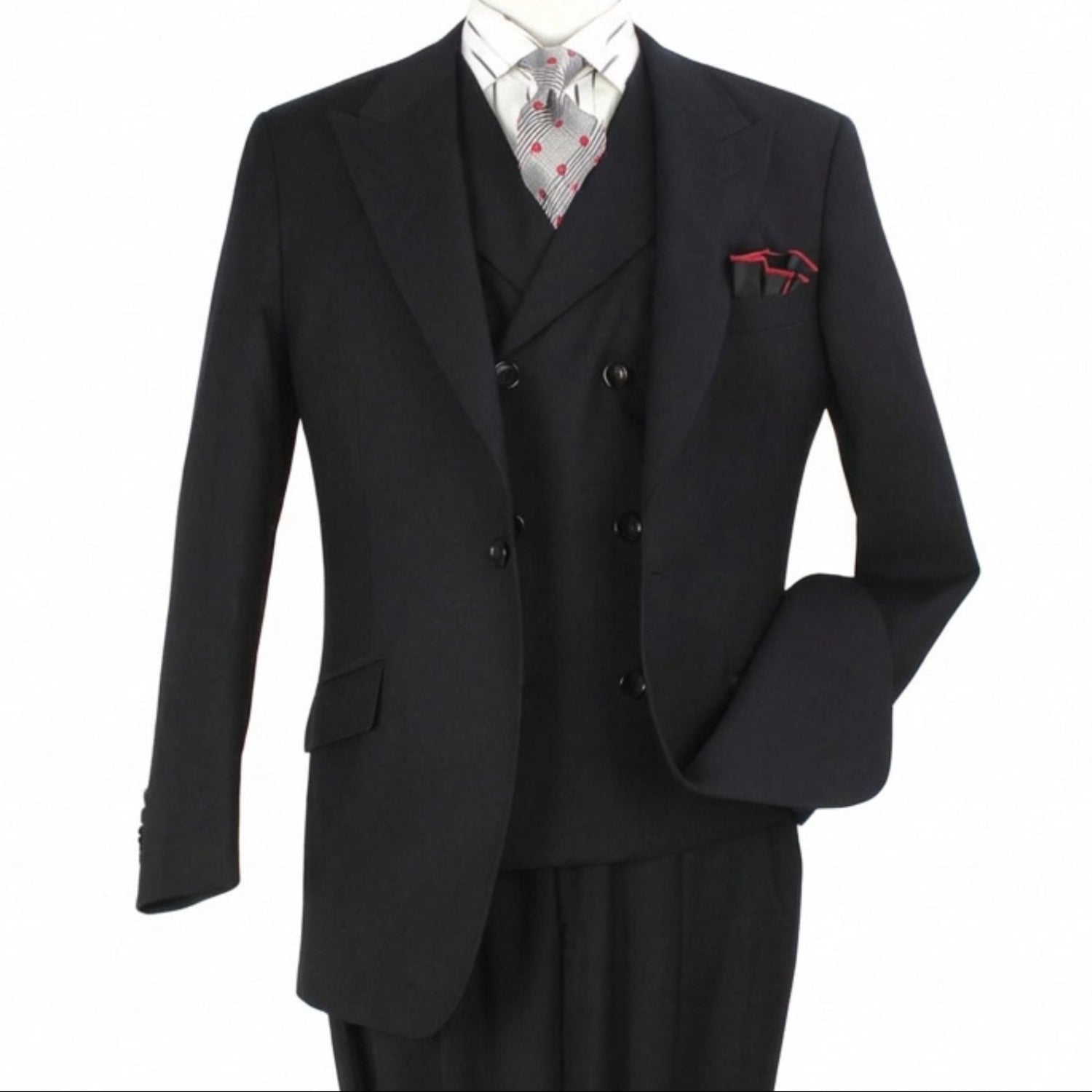 black suit with vest formal outfit close up