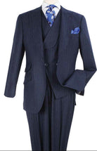 navy 3 piece wool pinstripe suit full cut front view