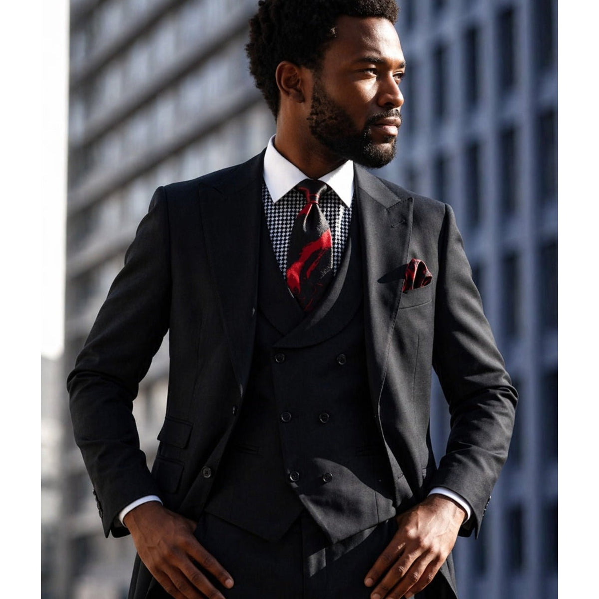 black 3 piece peak lapel suit classic fit full outfit