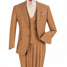 Three-quarter view of men’s brown windowpane three-piece suit showing the two-button jacket and matching vest