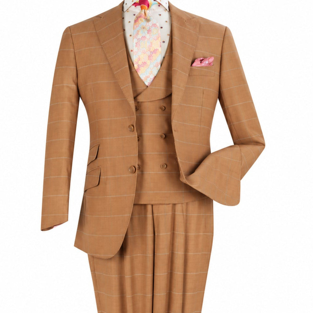 Three-quarter view of men’s brown windowpane three-piece suit showing the two-button jacket and matching vest