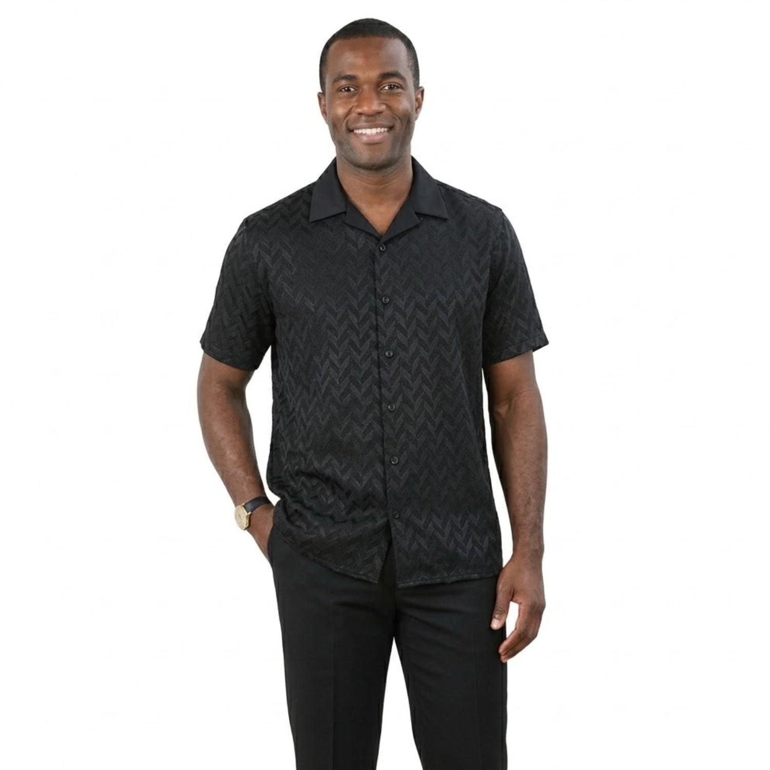 black textured 2-piece walking suit set classic fit front view
