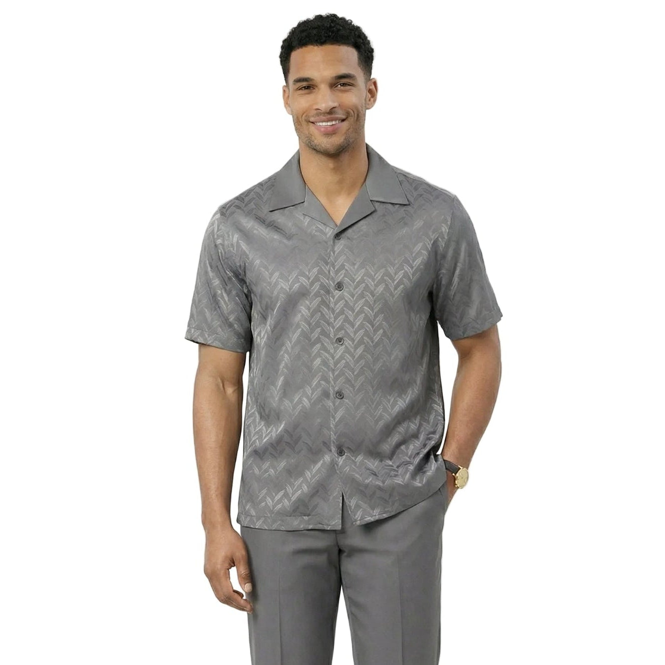 grey textured 2-piece walking suit set classic fit front view