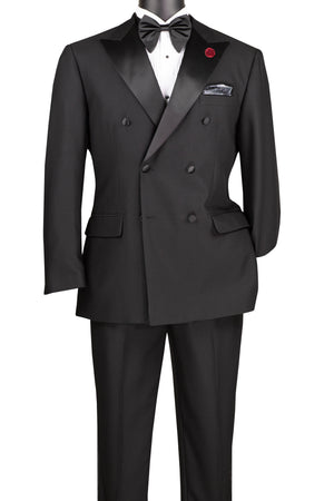 Albireo Collection: Black 2-Piece Double-Breasted Tuxedo - Modern Fit - Satin Peak Lapel