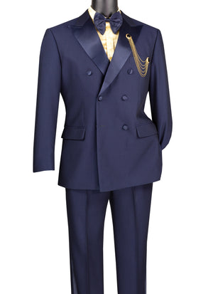 Albireo Collection: Navy 2-Piece Double-Breasted Tuxedo - Modern Fit - Satin Peak Lapel