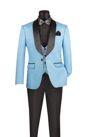 Riverra Collection: Light Blue 3 Piece Jacquard Pattern Single Breasted Slim Fit Tuxedo