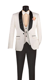 Riverra Collection: White 3 Piece Jacquard Pattern Single Breasted Slim Fit Tuxedo