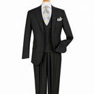 Front view of men’s black 100% wool three-piece suit with double-breasted vest and pleated trousers