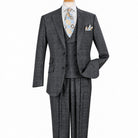 Front view of men’s charcoal windowpane 100% wool three-piece suit with double-breasted vest and pleated trousers