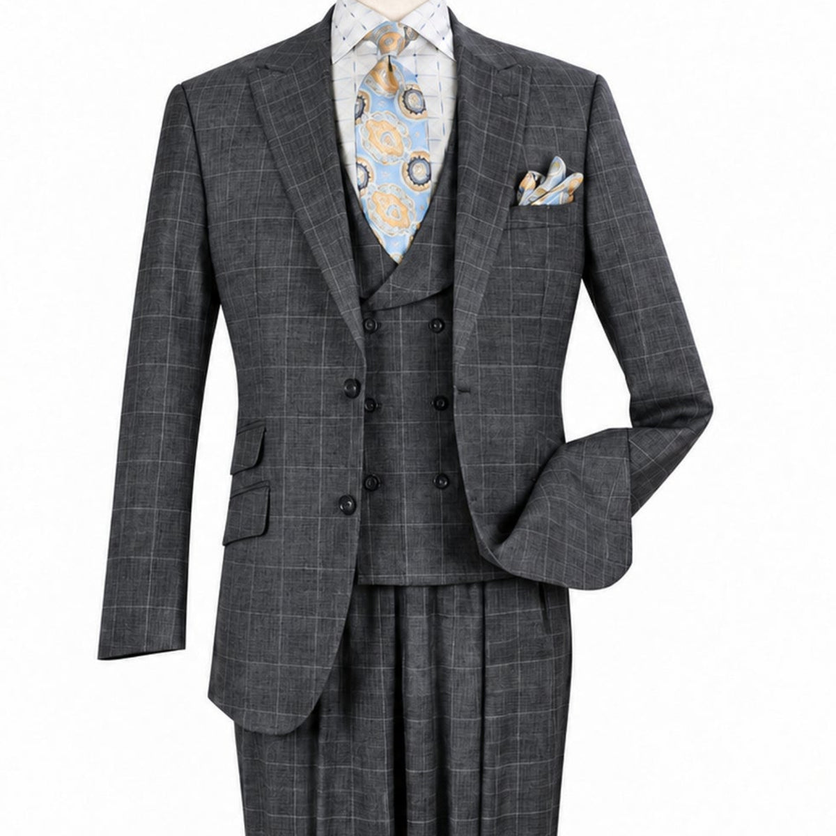 Three-quarter view of men’s charcoal windowpane three-piece suit showing the two-button jacket and matching vest