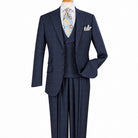 Front view of men’s navy windowpane 100% wool three-piece suit with double-breasted vest and pleated trousers