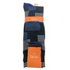 navy blue block stripe dress socks with orange Tallia label