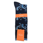 navy blue paisley scroll dress socks with orange Tallia label