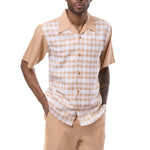 Montique Checker Plaid 2-Piece Walking Suit Shorts Set in Tan