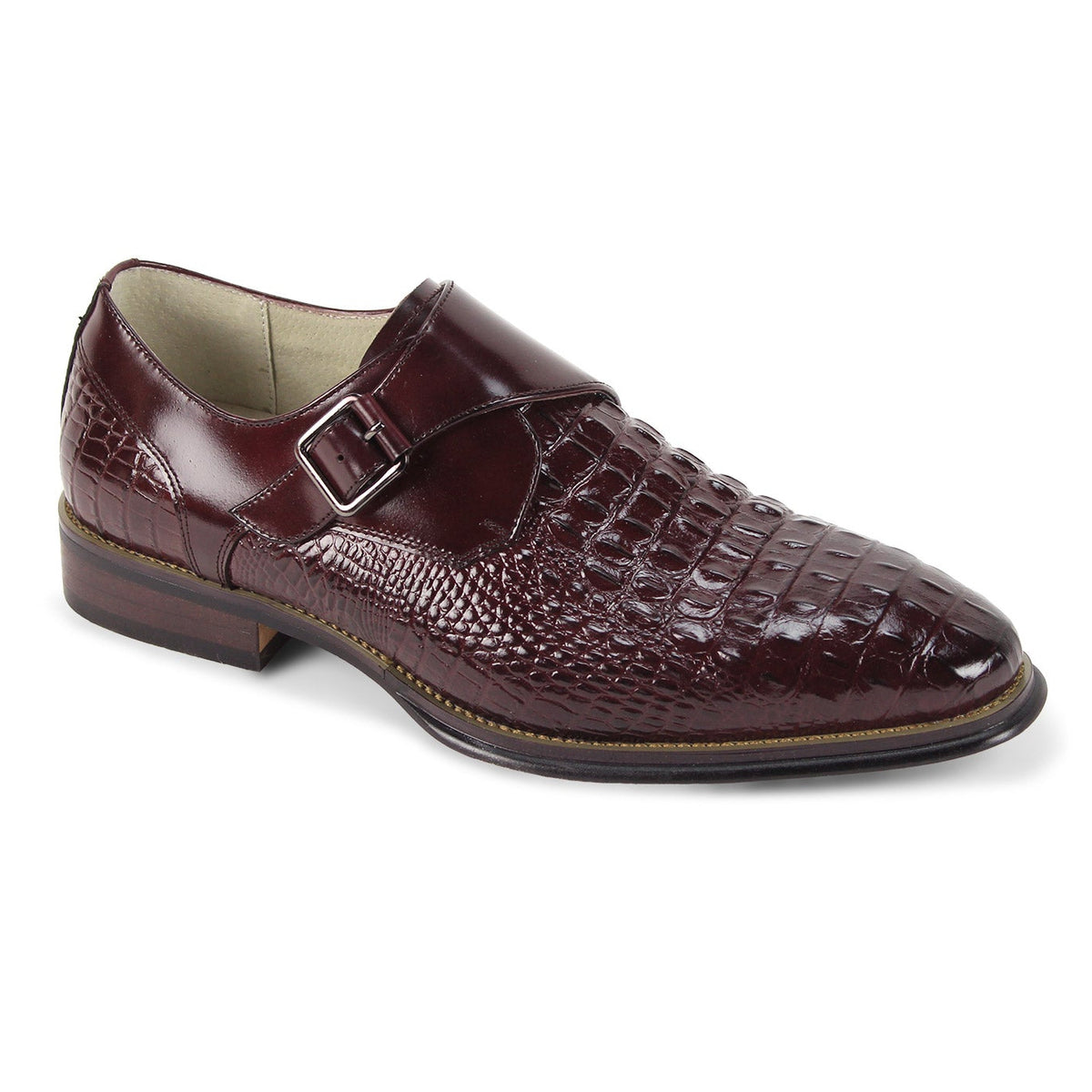 men's burgundy croco-print single monk strap dress shoe, three-quarter view
