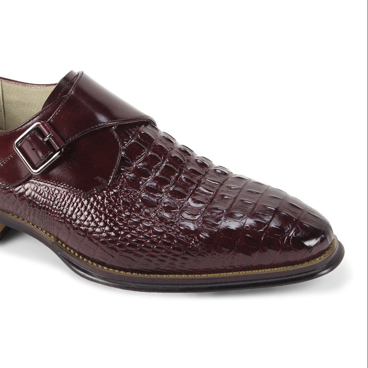 close-up angle of the men's burgundy croco-print monk strap dress shoe