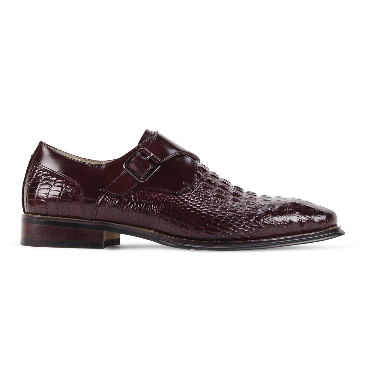 Side view of the men's burgundy single monk strap dress shoe with metal buckle