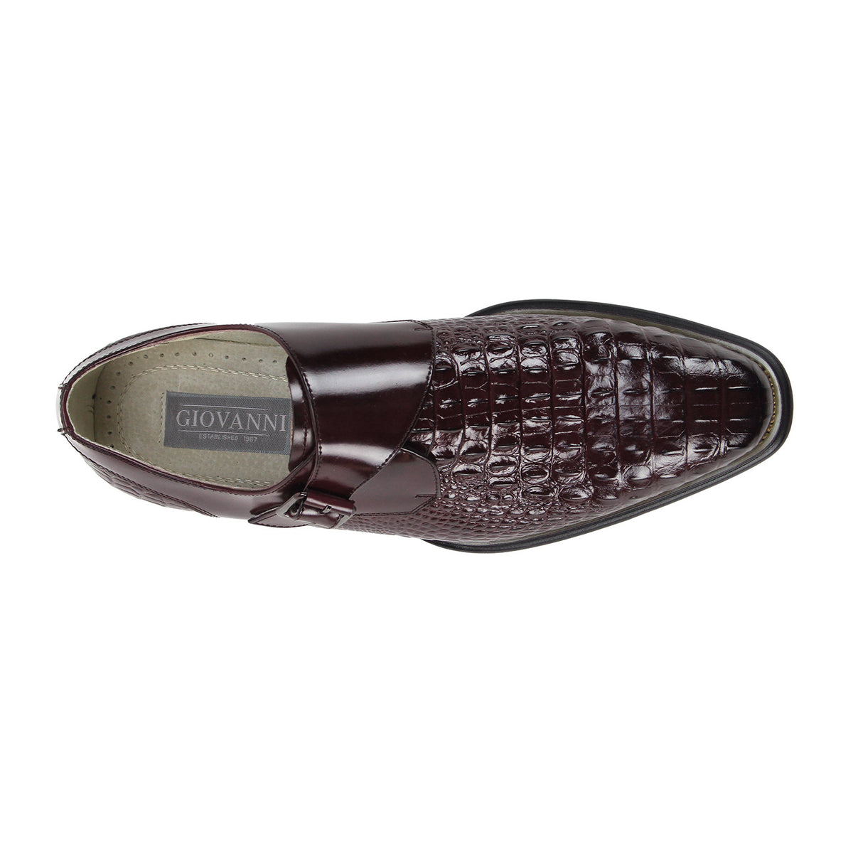 top view of the men's burgundy croco-print monk strap dress shoe