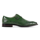 Side view of the men's green single monk strap dress shoe with metal buckle