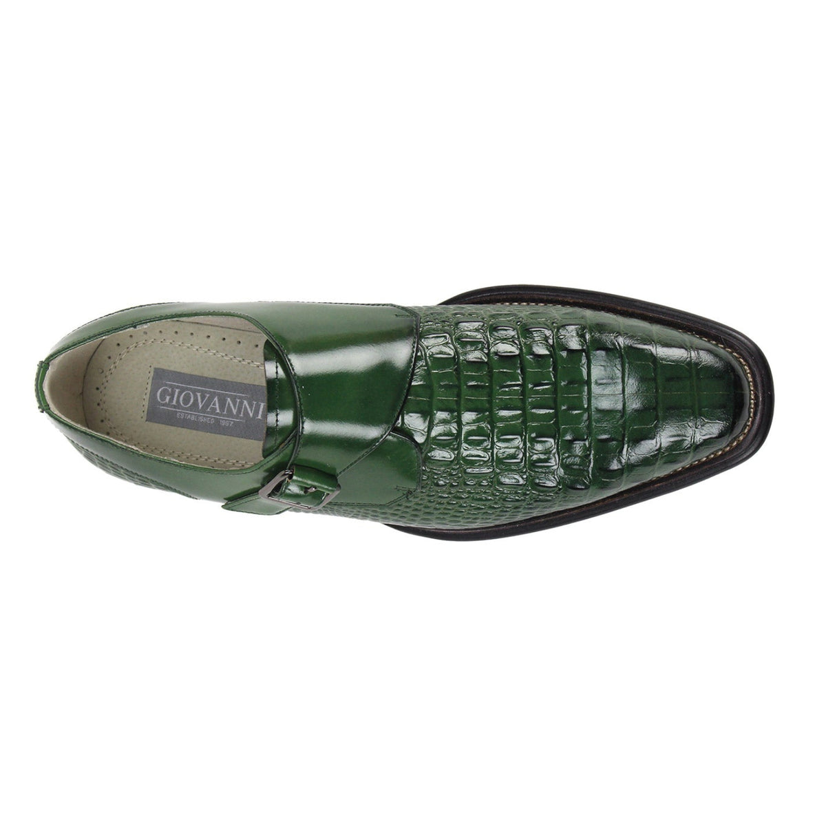 top view of the men's green croco-print monk strap dress shoe