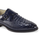 close-up angle of the men's navy croco-print monk strap dress shoe