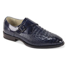 men's navy croco-print single monk strap dress shoe, three-quarter view