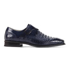 Side view of the men's navy single monk strap dress shoe with metal buckle