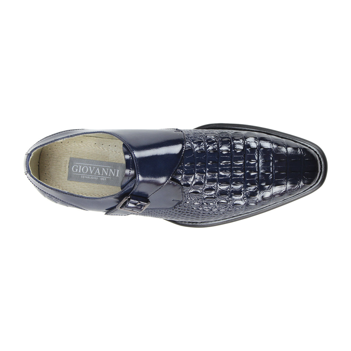 top view of the men's navy croco-print monk strap dress shoe