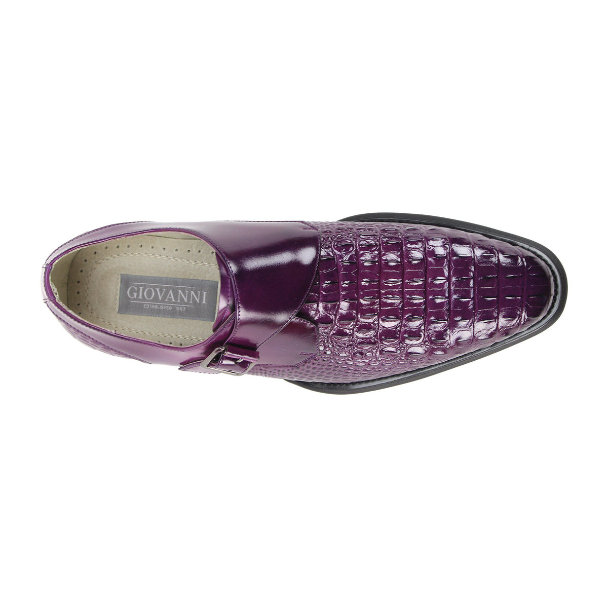 top view of the men's purple croco-print monk strap dress shoe