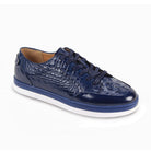 Cobalt blue coco-print and smooth leather lace-up sneaker side profile view.