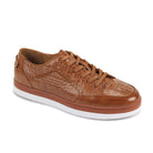 Tan coco-print and smooth leather lace-up sneaker side profile view.