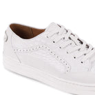 Close-up of white croc-embossed leather texture and smooth leather paneling.