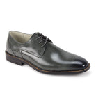 Men's grey medallion toe lace-up leather dress shoes with burnished finish