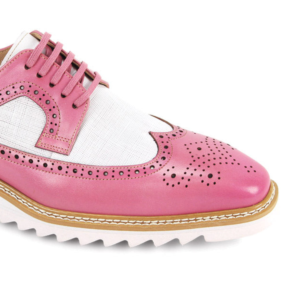 men’s pink & white wingtip brogue dress shoes with contrast sole detail