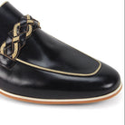 black moc toe leather slip-on shoes for men with woven strap detail