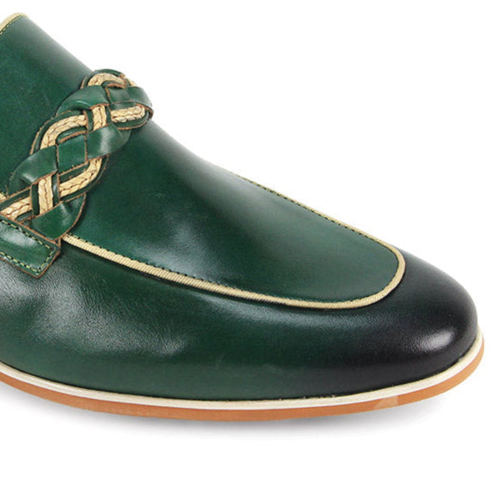 green moc toe leather slip-on shoes for men with woven strap detail