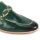 green moc toe leather slip-on shoes for men with woven strap detail