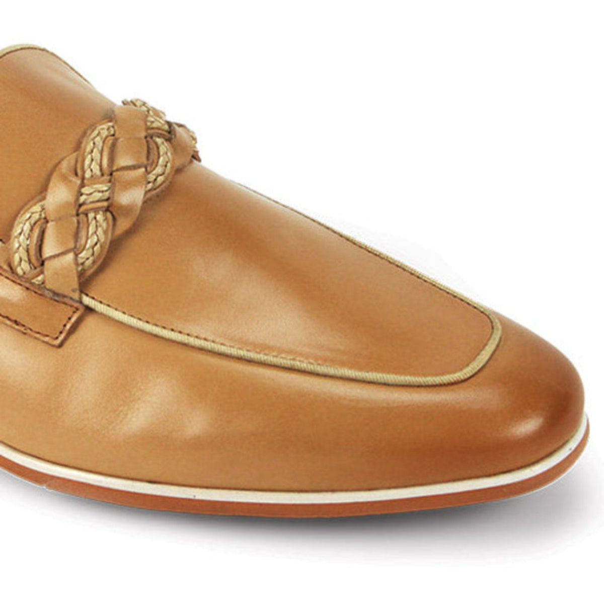 latte moc toe leather slip-on shoes for men with woven strap detail