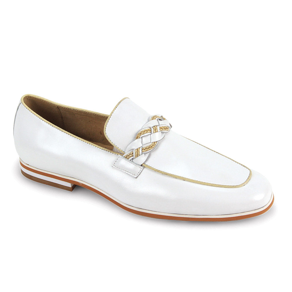 white moc toe leather slip-on shoes for men with woven strap