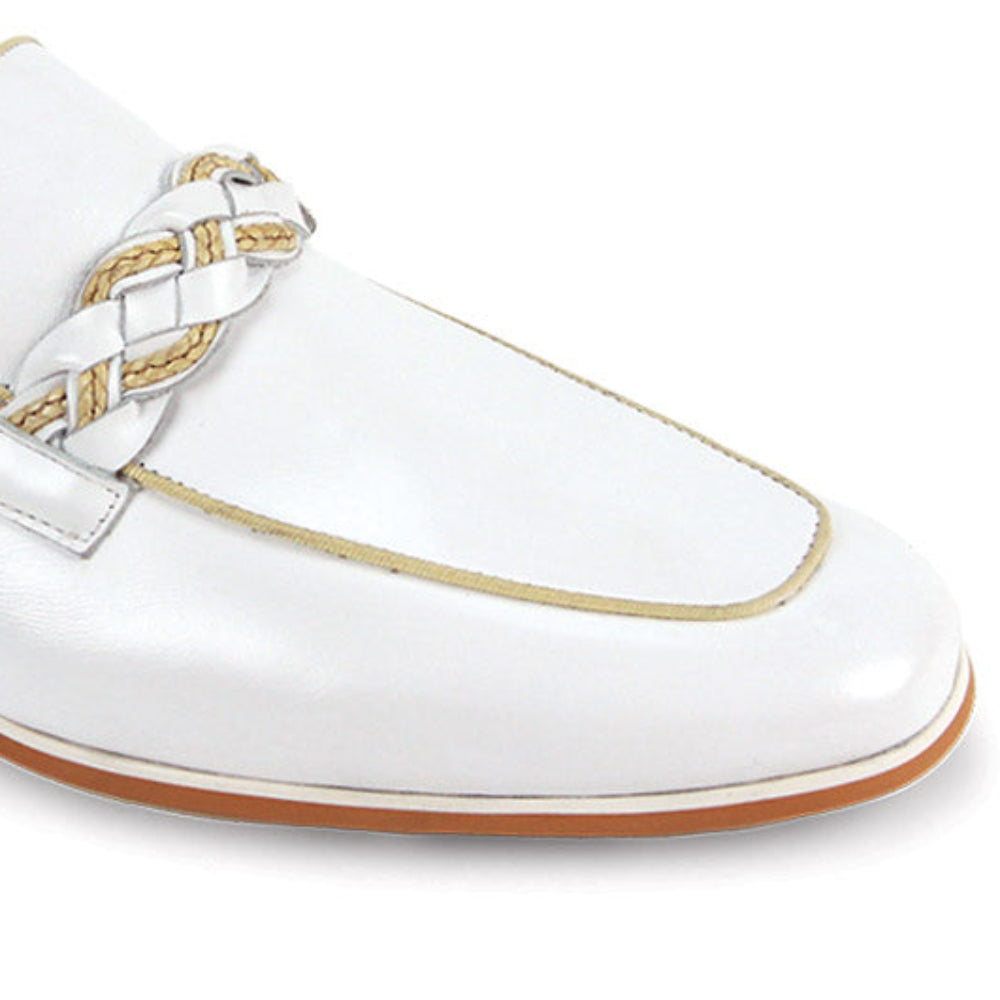 white moc toe leather slip-on shoes for men with woven strap detail