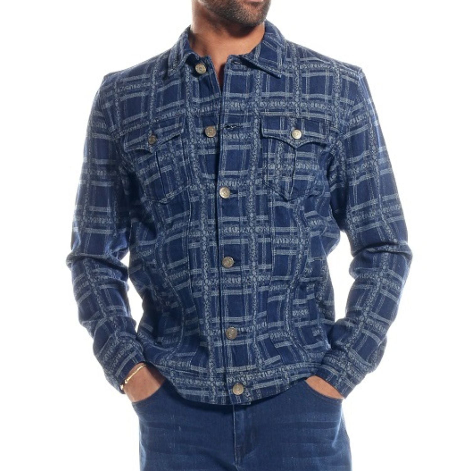 Plaid Denim Jacket and Pants Outfit in Indigo 1596 – Suits & More