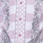 Close up of the Mauve walking suit with paisley and checker pattern shirt and solid pants