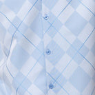 Close up of the Carolina blue argyle pattern short sleeve walking suit with coordinated shorts