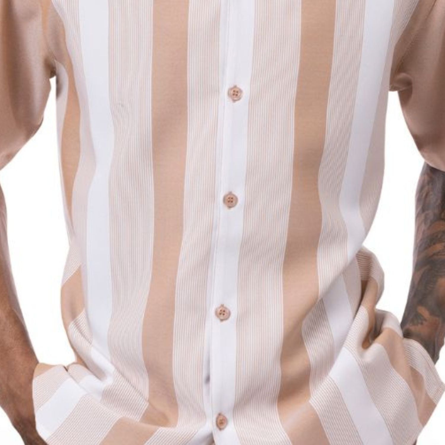 close up of the beige vertical stripe short sleeve walking suit set with coordinated shorts