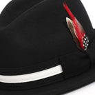 black montique navy fedora with white grosgrain ribbon and feather