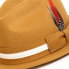 montique gold fedora with white grosgrain ribbon and feather