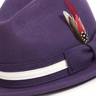 montique grape fedora with white grosgrain ribbon and feather
